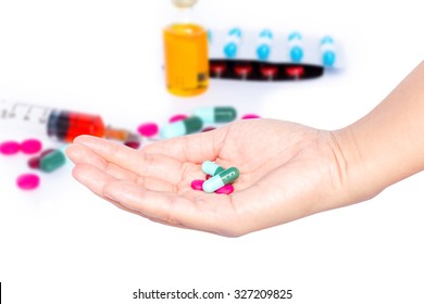 Hand hold Many pills and tablets Medicine for healthy