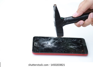 Hand Hold Metal Hammer For Destroy Smart Phone For Throw Away. Manage Electronic Garbage Concept 