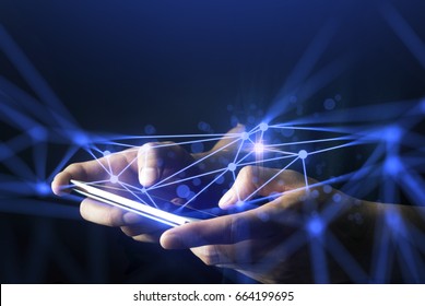 hand hold mobile phone connect to network, deep learning, data software program process, hacker server, ai technology with web system,cyber social online, sky net web - Shutterstock ID 664199695