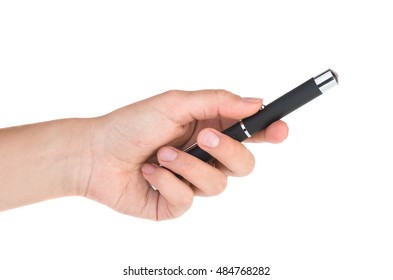 Hand Hold Pen-shaped Laser Pointer Isolated On White Background