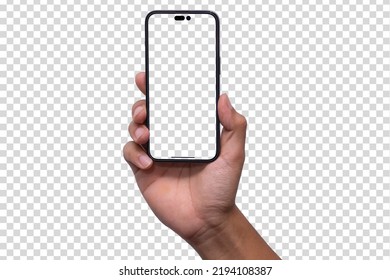 Hand Hold Phone 14 On Transparent, Smartphone Mockup Frame Less Blank Screen, 3d Isolated Cell Phone Template For Infographics Or Presentation UI 