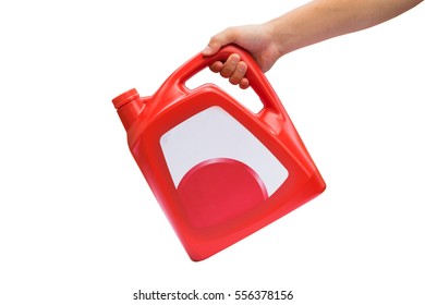 Hand Hold Red Canister With Engine Oil, Oil Cans, Lubricating Oil Isolated On White Background