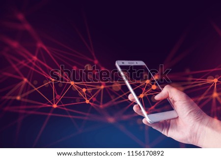 hand hold smartphone with connection of digital data global social network, ai system with human on devices, software link to internet, use touch on screen, information technology for people new life