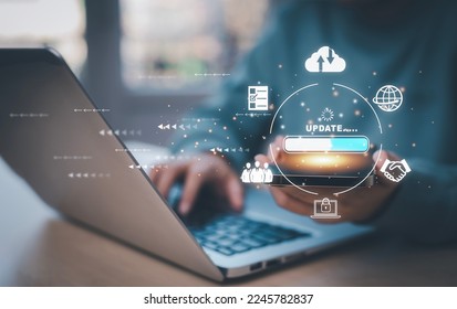 Hand hold Smartphone with Update Software Computer Program Upgrade Business Technology Internet, Update on virtual screen. Internet and technology concept, loading bar with installing the update.