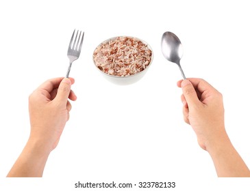 Hand Hold A Spoon With Rice Bowl Isolated On A White.