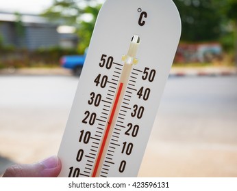 hand hold thermometer showing hot temperature in degrees Celsius