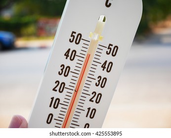 hand hold thermometer showing temperature in degrees Celsius, Hot temperature
