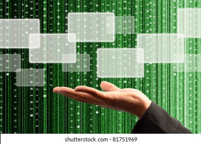 hand hold a touch screen interface with digital matrix background - Powered by Shutterstock - Get 15% off with code: PIKWIZARD15