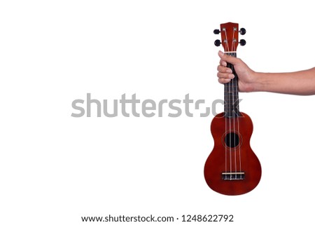  Hand hold ukulele isolated on  white background.