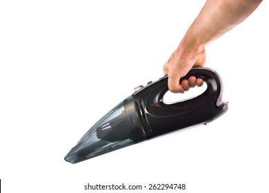 Hand hold vacuum cleaner on white background