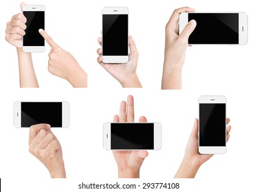 hand hold white modern smart phone similar to iphone style show screen display isolated set