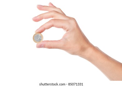 Hand Holding 1 Euro Coin, Isolated On White Background