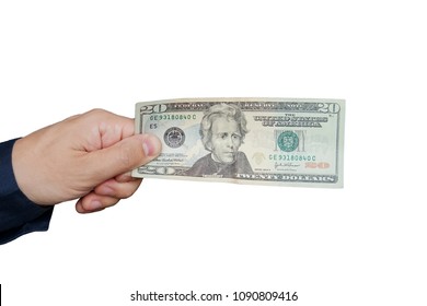 A Hand Holding 20 Dollar Bills. Studio Isolated On A White Background With An Accurate Clipping Path.