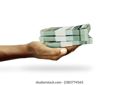 Hand Holding 3D rendering of stacks of Jamaican dollar notes isolated on white background