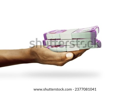 Hand Holding 3D rendering of stacks of Indian rupee notes isolated on white background