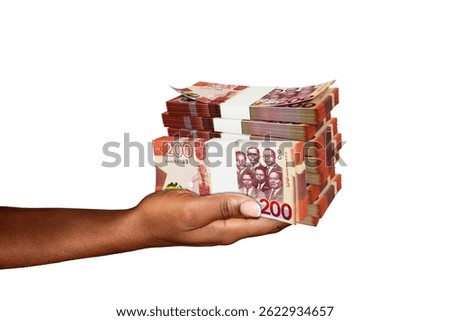 Hand Holding 3D rendering of stacks of 200 Ghanaian cedi notes isolated on white background