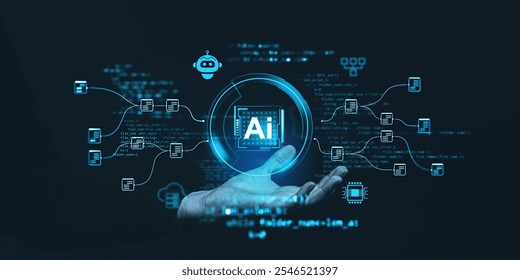 Hand holding AI hologram with tech icons and data on dark background. Concept of future technology and innovation development