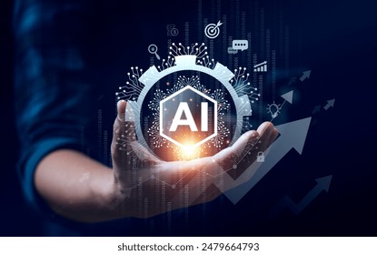 Hand Holding AI Symbol Surrounded by Digital Interface and Circuit Elements, Representing Artificial Intelligence and Technological Advancement in a Futuristic, High Tech, and Data Driven Environment