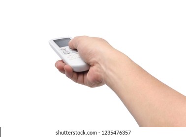 Hand holding air condition wireless remote control isolated on white with clipping path.