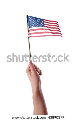 Hand holding American flag in mid air isolated on white background