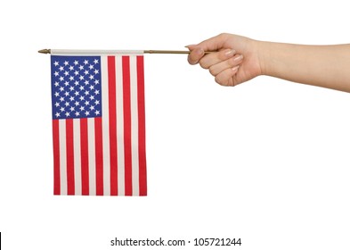 Hand Holding American Flag On White