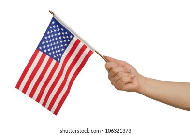 Hand Holding American Flag On White