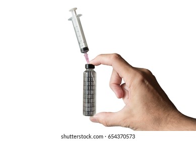 Hand holding antivirus binary code ampoule with syringe isolated on white background