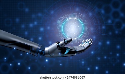 Hand holding arm circle round element technology robot futurist cyborg science future intelligence artificial ai copy space innovation machine digital human connection electronic engineering industry - Powered by Shutterstock