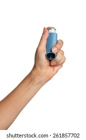 Hand Holding Asthma Inhaler Isolated On White Background 