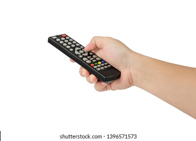 Hand Holding Audio And Television Remote Control  Isolated On White Background. Cliping Path.