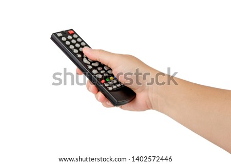 Hand holding audio and television remote control  isolated on white background. Cliping Path.