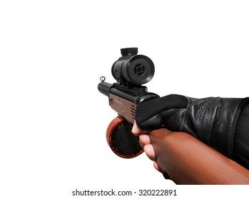 Hand holding automatic gun. Isolated first person view hand holding automatic gun on white background.
