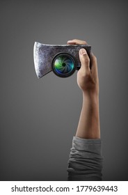 Hand Holding An Ax-shaped Camera, Sneak Shot, Hand Ax (advertising Image)