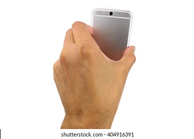 A Hand Holding Up A Back Smart Phone With A White Background 