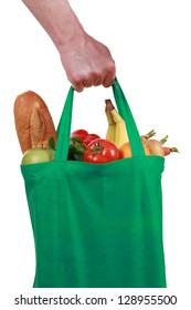 Hand Holding A Bag Filled With Groceries, Isolated On White