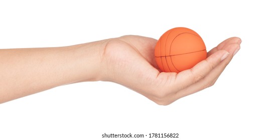 Hand Holding Basketball Isolated On White Background