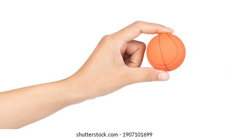 Hand Holding Basketball Isolated On White Background