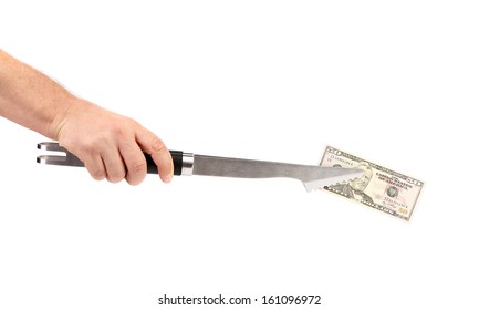Hand holding of BBQ tongs with fifty dollars bill. Isolated on a white background