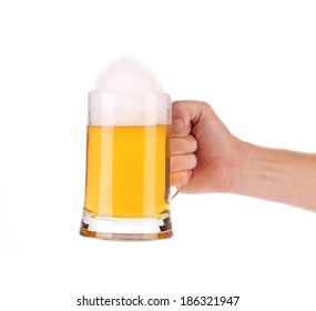 Hand Holding Beer Glass. Isolated On A White Background.