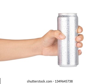 hand holding beverage tin can with water drops isolated on white background