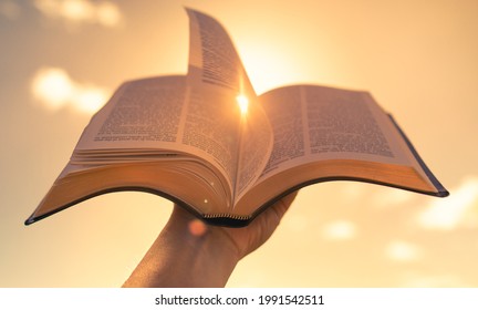 Mano sosteniendo el libro de la biblia hasta el cielo soleado. Creencia religiosa, fe y concepto de culto. 