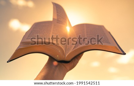 Hand holding bible book up to the sunny sky. Religious belief, faith and worship concept. 