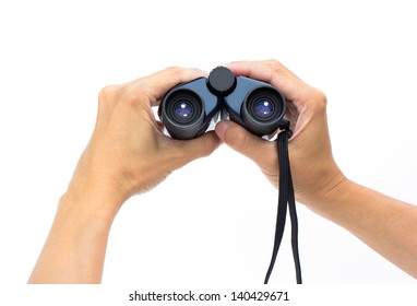 Hand Holding A Binoculars Isolated Over White Background.