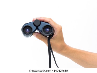 Hand Holding  Binoculars Isolated Over White Background.