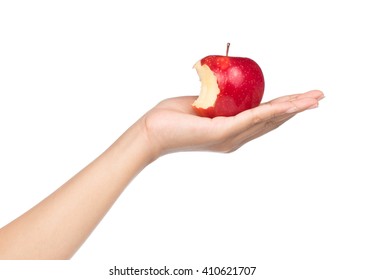 Hand Holding Bite Red Apple Isolated On White Background