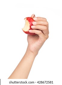 Hand Holding Bite Red Apple Isolated On White Background