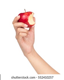 Hand Holding Bite Red Apple Isolated On White Background