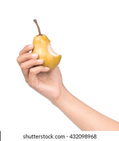 hand holding Bite yellow pear isolated on white background