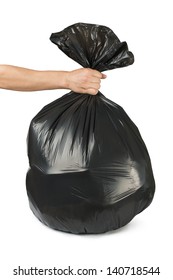 Hand Holding Black Bag Of Rubbish. White Isolated Studio Shot.