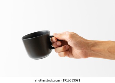 Hand Holding Black Color Cup Coffee On White Background